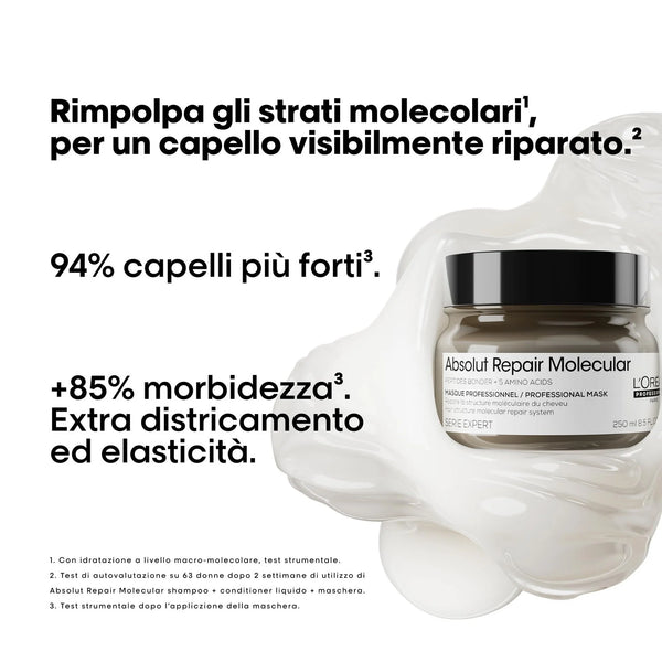 Maschera ristrutturante L'Oreal Serie Expert Absolut Repair Molecular in tubo da 250 ml, visibile con etichetta e applicatore.
