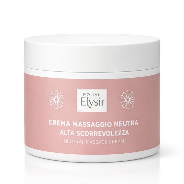 Crema massaggio neutra alta scorrevolezza RO.IAL ELYSIR di Elma Beauty Shop, flacone da 500 ml, immagine di una crema bianca fluida