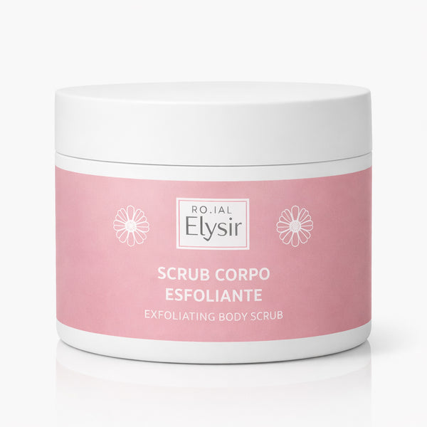 Scrub corpo esfoliante RO.IAL ELYSIR di Elma Beauty Shop, bottiglia da 500 ml con texture esfoliante visibile.
