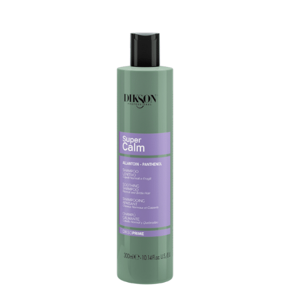 Bottiglia di 300 ml di DIKSON PRIME SCALP CALM, trattamento lenitivo per il cuoio capelluto, visibile in primo piano.
