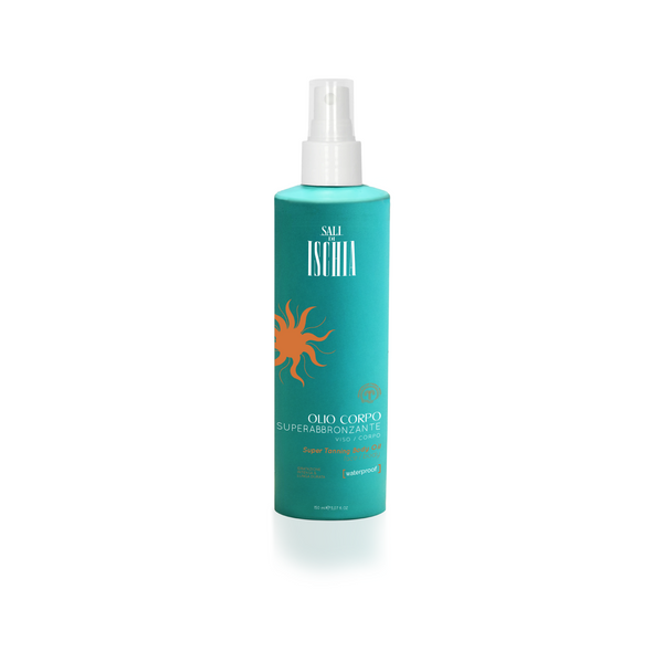 Olio corpo superabbronzante Elma Beauty con sale di Ischia in spray da 150 ml, mostra la bottiglia e il design del prodotto