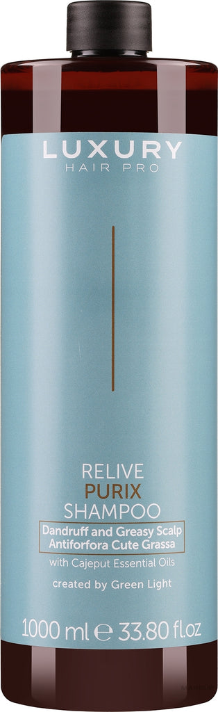 LUXURY HAIR PRO RELIVE PURIX
SHAMPOO ANTI FORFORA E CUTE GRASSA 1 L - Elma Beauty Shop
