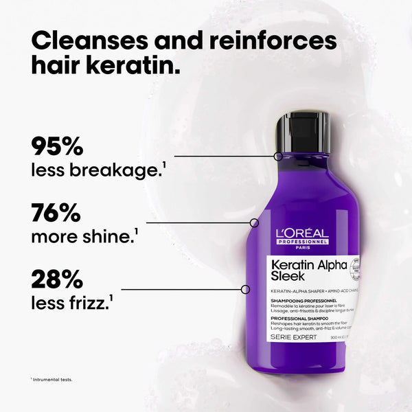 Shampoo L'Oréal Serie Expert Keratin Alpha Sleek da 300 ml, detergente per capelli lisci e luminosi con formula alla cheratina