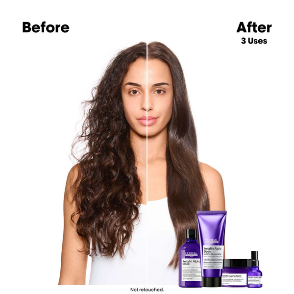Shampoo L'Oréal Serie Expert Keratin Alpha Sleek in bottiglia da 300 ml, con formula nutriente e lisciatura dei capelli.