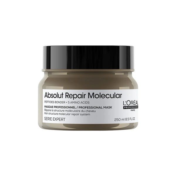 Maschera per capelli L'Oreal Serie Expert Absolut Repair Molecular, 250 ml, crema colorata e nutriente per capelli danneggiati.